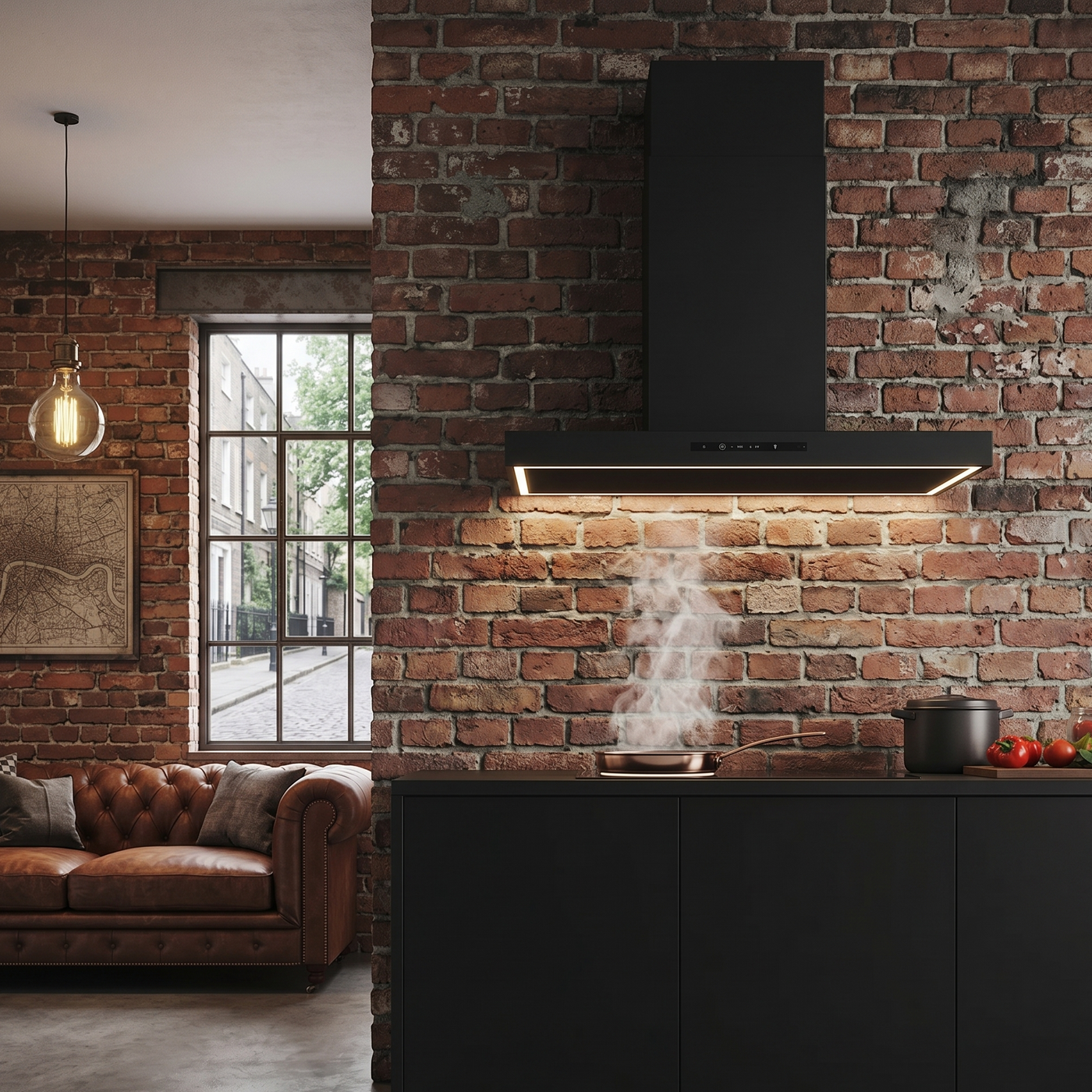 100cm Caporra, Black Wall mounted Cooker Hoods Set in a Modern kitchen with black cabinets, brick wall.