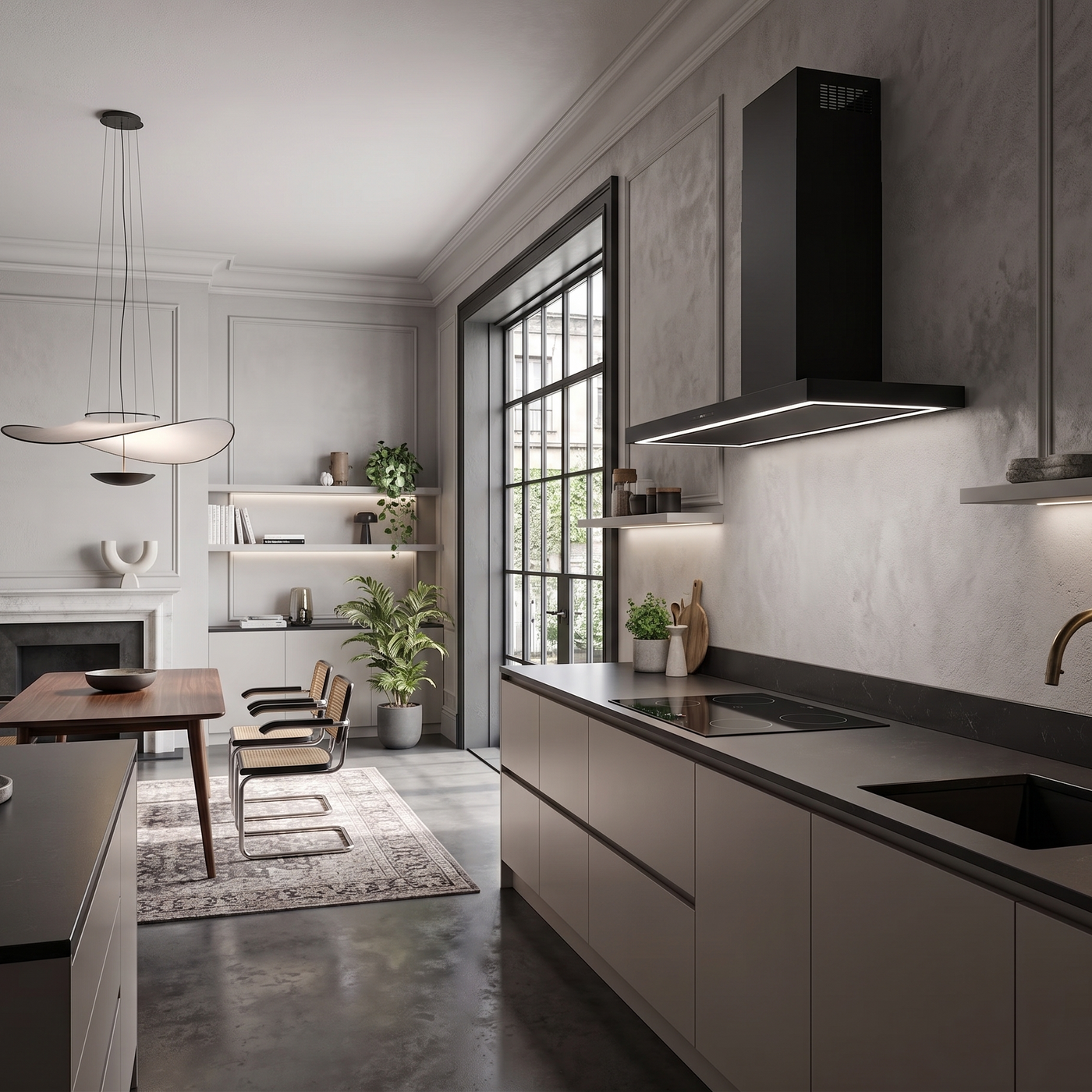 100cm Caporra Wall mounted sleek, black, cooker hood set in a Modern kitchen with grey cabinets, black appliances.