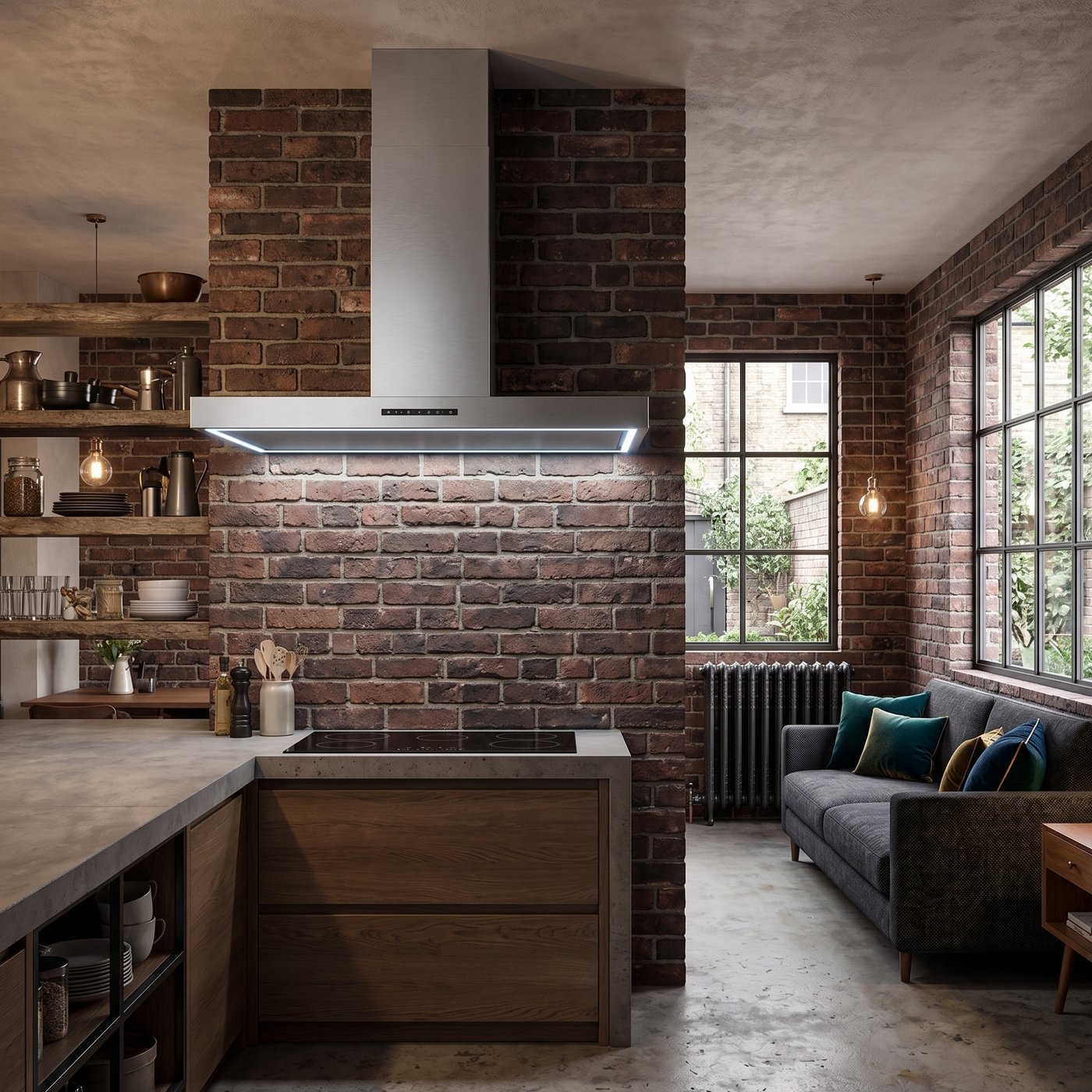 100cm Caporra wall hood in stainless steel, installed in a Modern kitchen with brick wall and living area