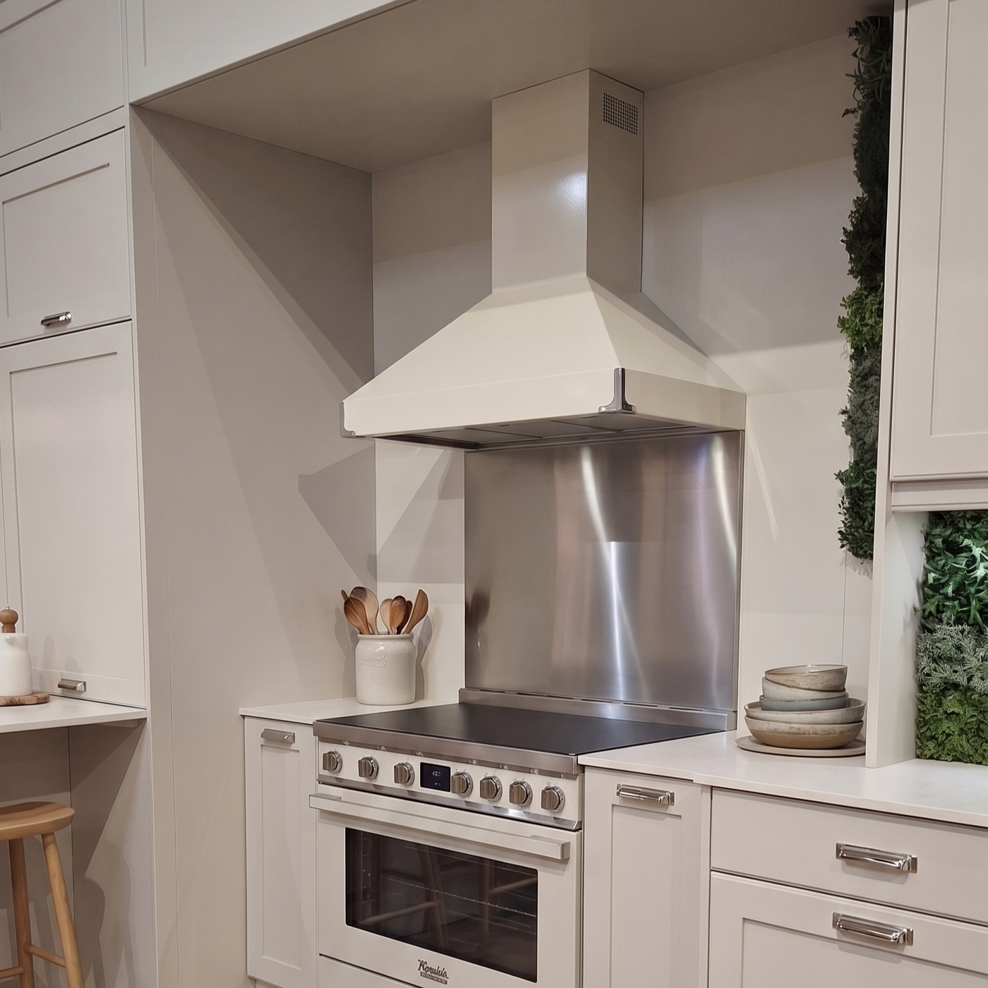 Master Range cooker hood in Cashmere installed within a cashmere shaker style kitchen with stainless steel backsplash.