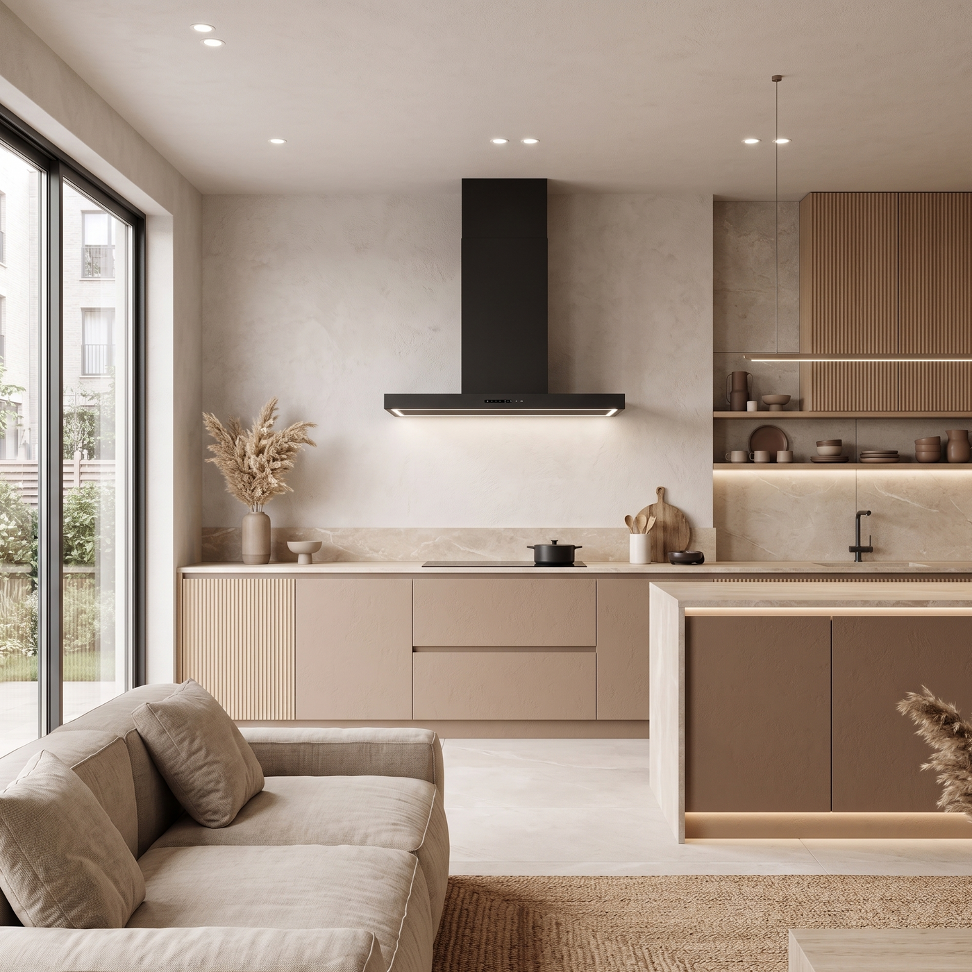 110cm Caporra Wall extractor, in matt black. Installed in a Modern kitchen and living room with neutral tones and natural light.