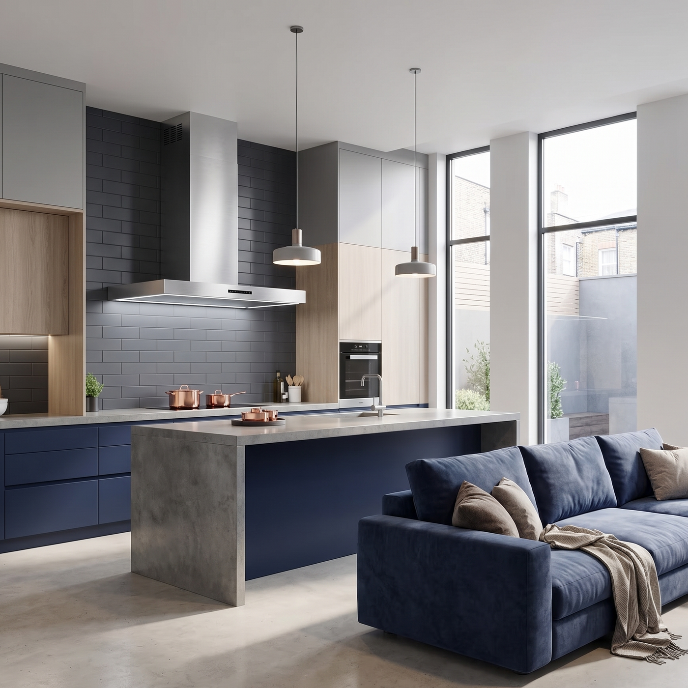 Caporra wall mounted flat cooker hood, set in a Modern kitchen with island and living room area with cool blue tones.