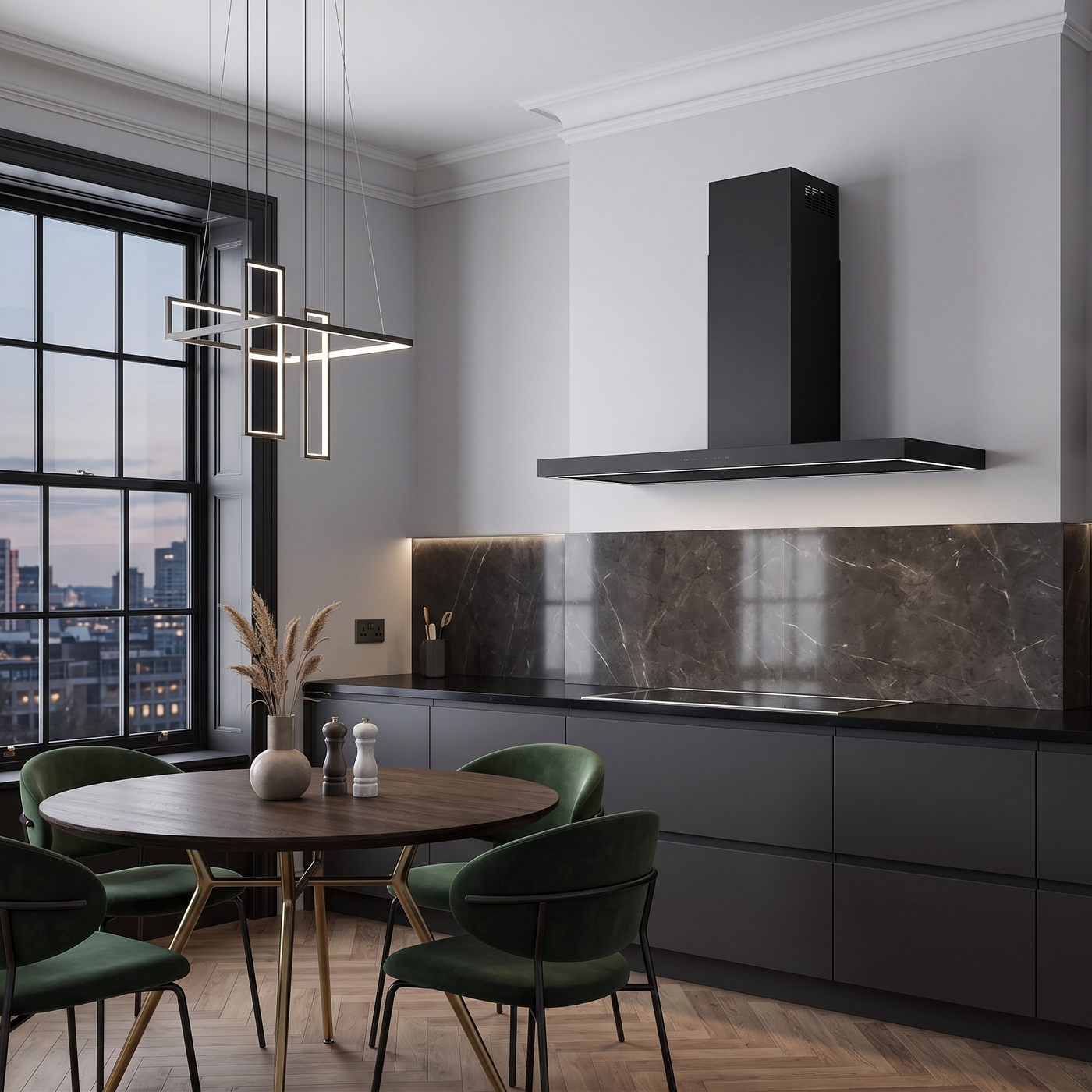 110cm Caporra, T-Shape Modern matt black cooker hood, installed in a contemporary modern kitchen with marble backsplash and pendant lights