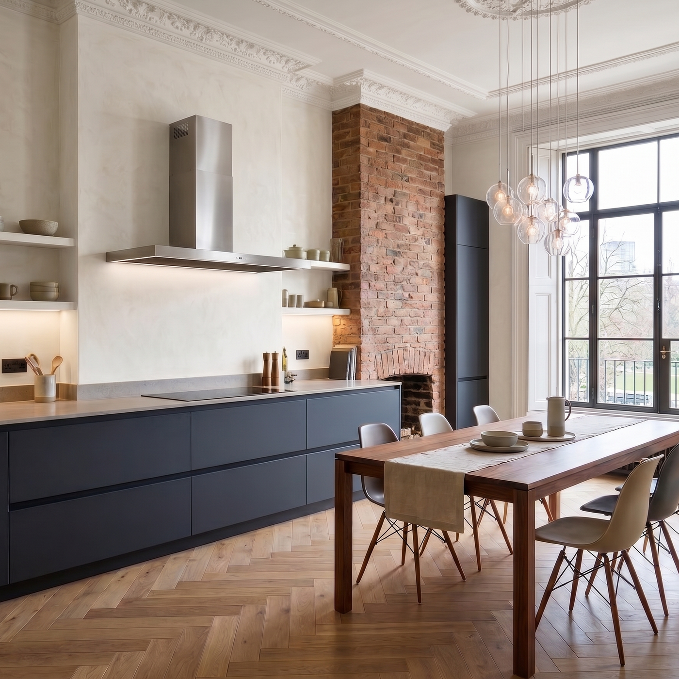 110cm stainless steel Luxair Caporra wall mounted cooker hood, designed in a kitchen with wooden dining table and chairs, natural light, and brick wall.