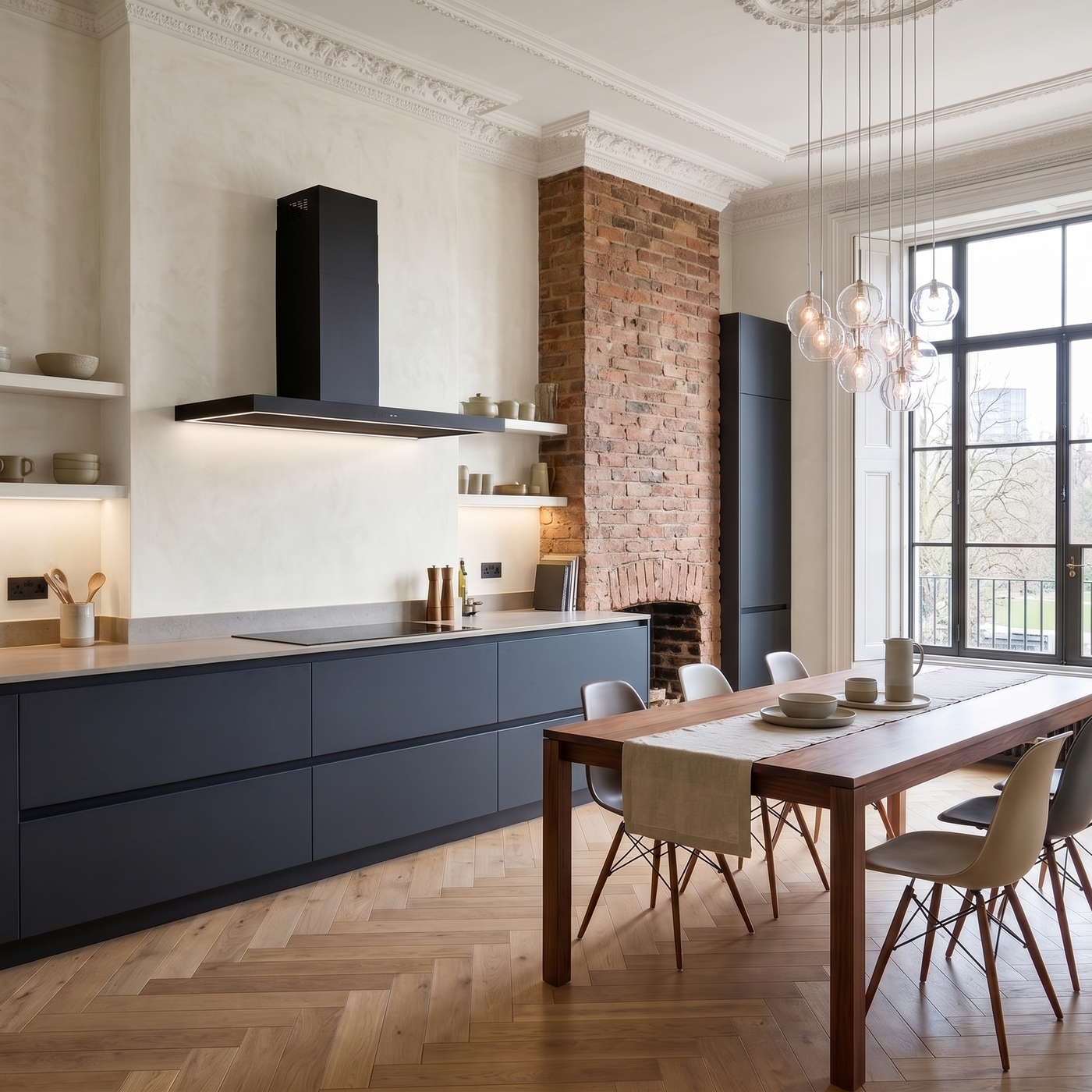 110cm Modern designer, flat Caporra wall cooker hood in matt black, featured in a modern period kitchen with dark blue cabinetry, wooden dining table, and brick wall.
