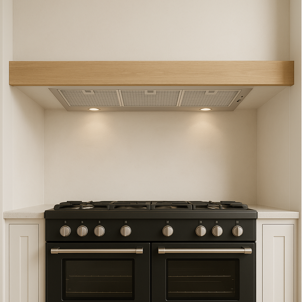 Alt Text: Luxair 120cm stainless steel built-in canopy cooker hood installed under a natural oak beam above a black range cooker