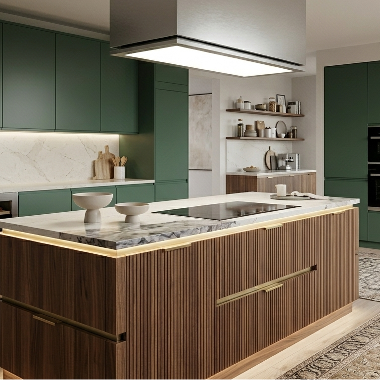 120cm x 30cm Tolvi Lusso Featuring Stainless Steel Ceiling Mount. Installed In a Modern kitchen With Green Cabinets and Wooden Island.