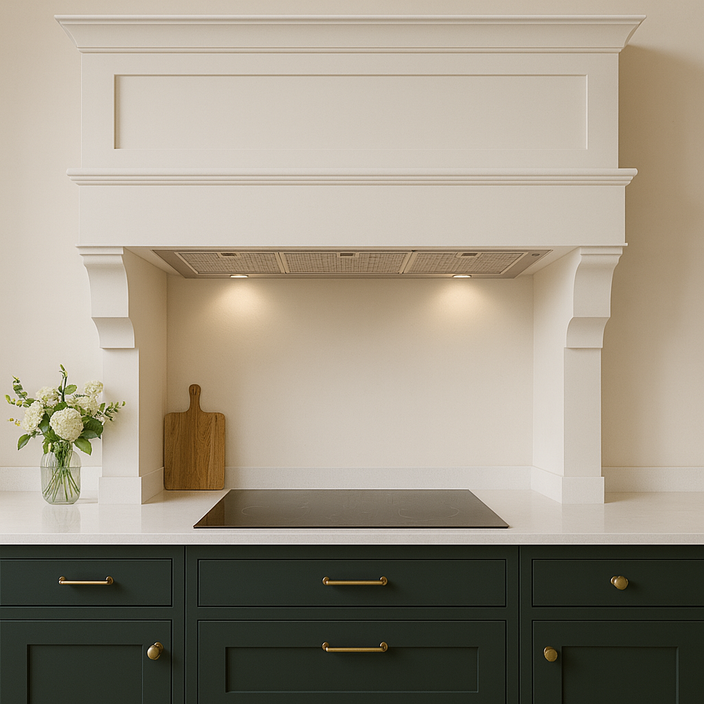 120cm Luxair canopy cooker hood, stainless steel finish, recessed into a decorative white mantelpiece in a modern shaker kitchen.