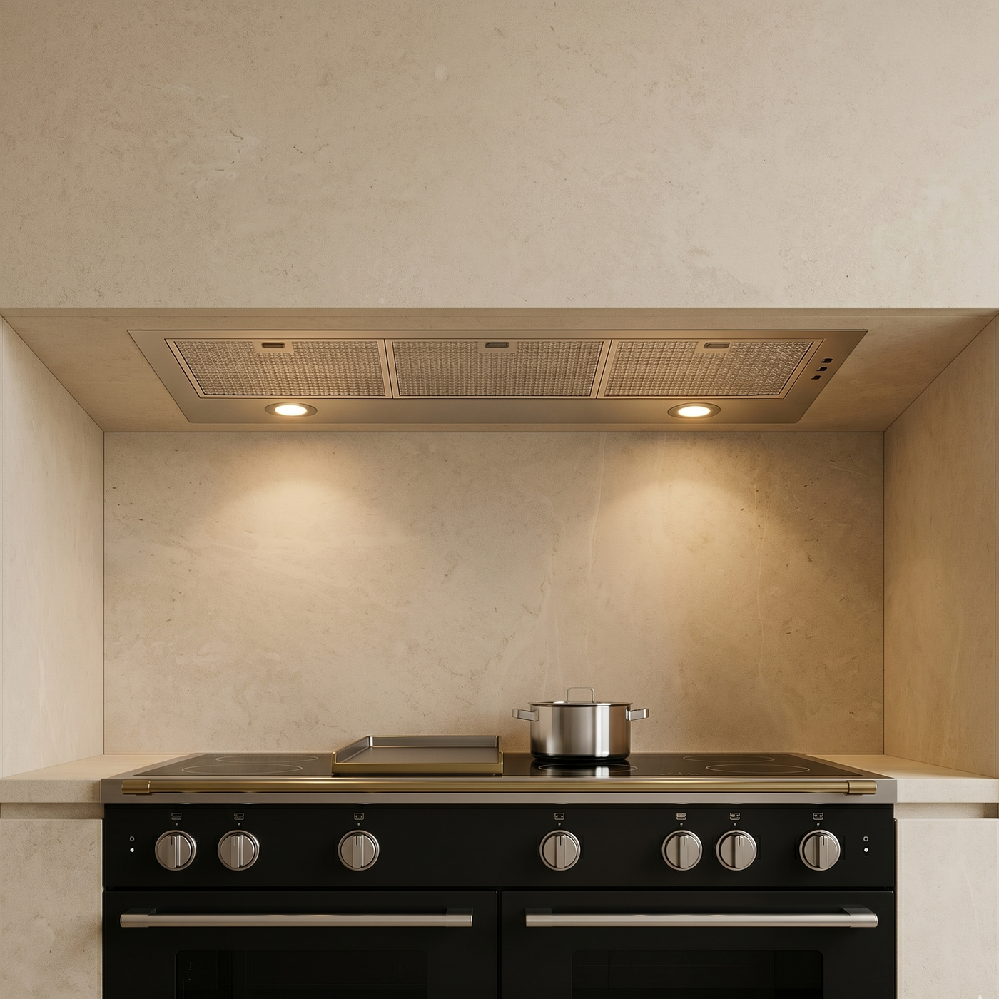 Luxair 120cm stainless steel canopy cooker hood with quiet brushless motor, integrated into a minimalist stone alcove above a black range cooker.
