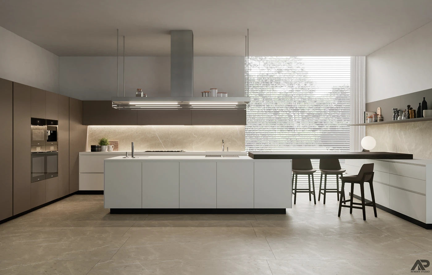 Diora Island Extractor With Glass Skirt and LED Lighting, Installed In a Modern Kitchen With White Cabinets, Black Feature Countertop, And a Large Window.
