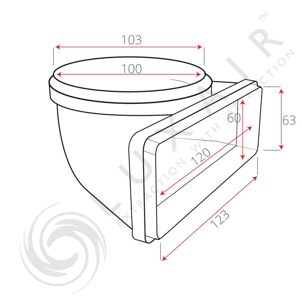 100mm Round to Flat 150mm x 70mm Vertical 90° Elbow - Luxair Cooker Hoods Limited