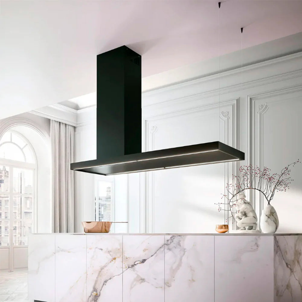 Black Arezzo Island Extractor Installed In A Modern Kitchen Featuring Large Marble Island.