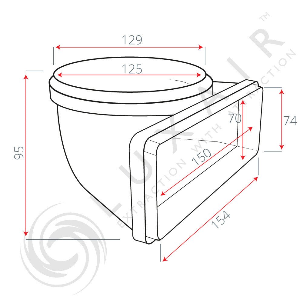 125mm (5") Round to Flat 150mm x 70mm Vertical 90° Bend - Luxair Cooker Hoods Limited