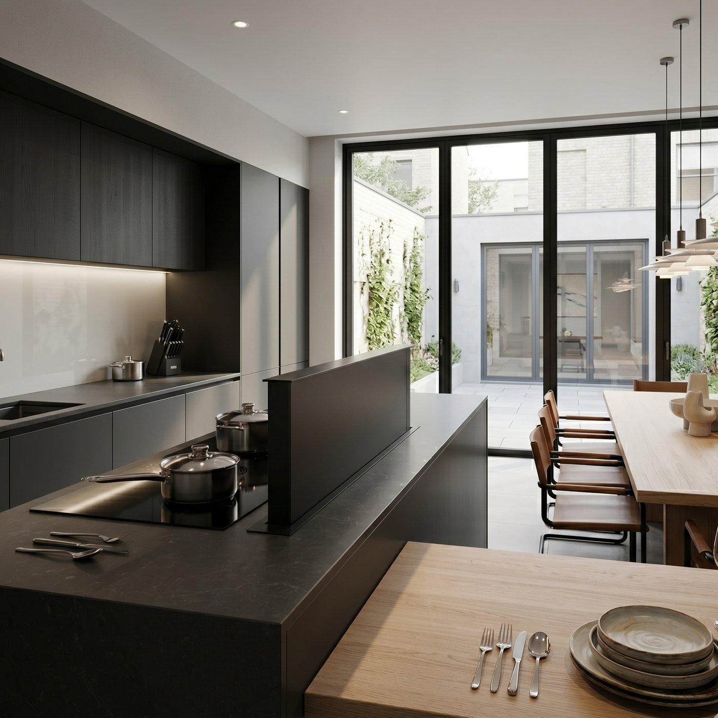 A sleek, 180cm black downdraft cooker hood risen 500mm above the countertop. In a modern, minimalist townhouse kitchen featuring a dark grey stone island with a built-in induction hob.