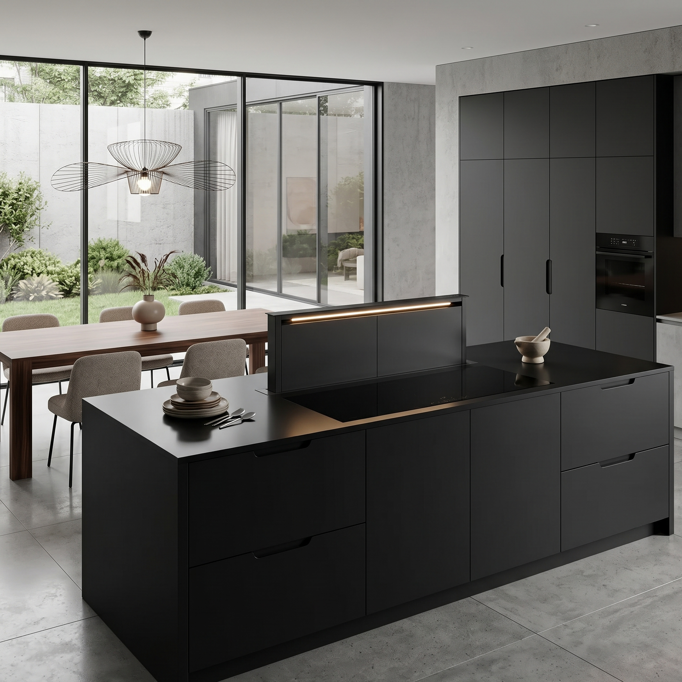 Modern townhouse kitchen featuring a 180cm Luxair downdraft extractor extended from a matte black island, integrated induction hob, and open-plan dining area with floor-to-ceiling windows.