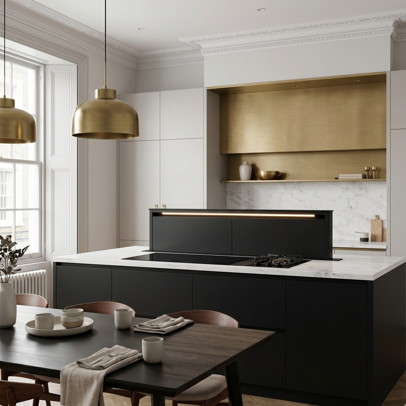 Luxair 180cm matte black downdraft extractor, featured in a modern, sleek period apartment with white marble worktops and granite cabinetry. 
