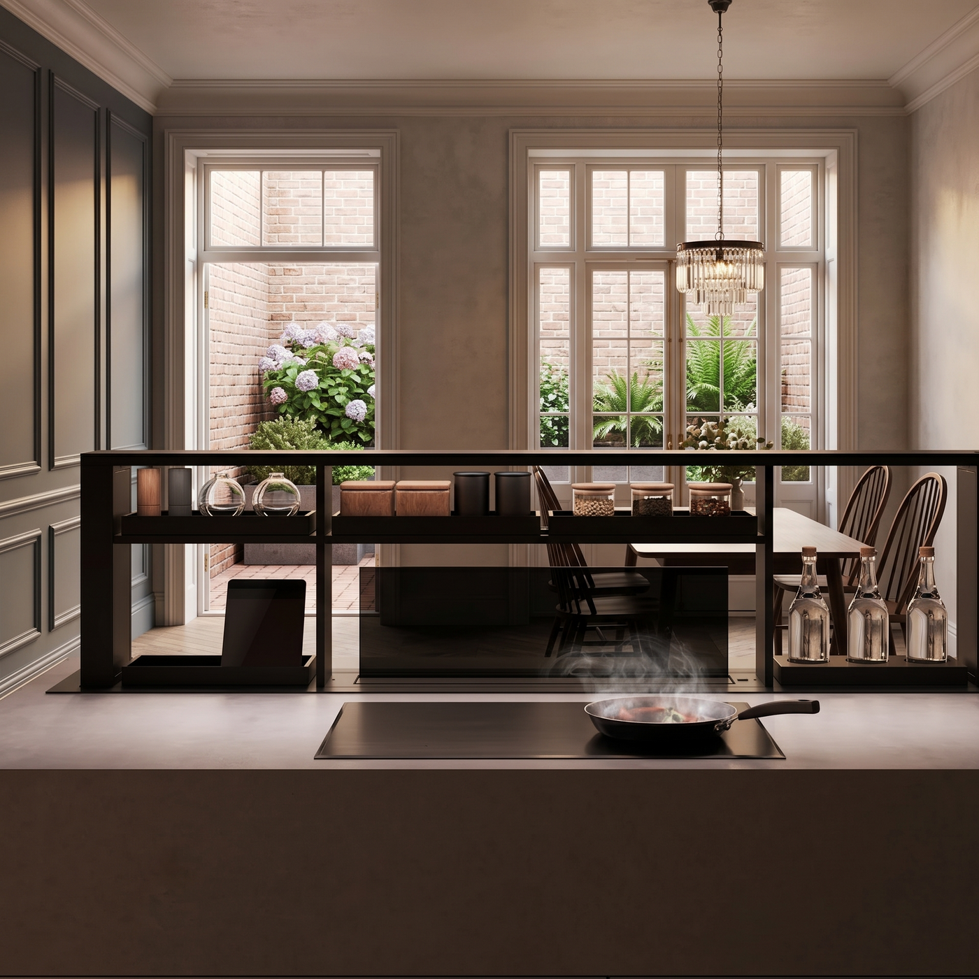 Luxair 200cm Downdraft Cooker Hood in matt black with integrated Gourmet Station, spice shelving, and iPad docking station in a modern kitchen island.