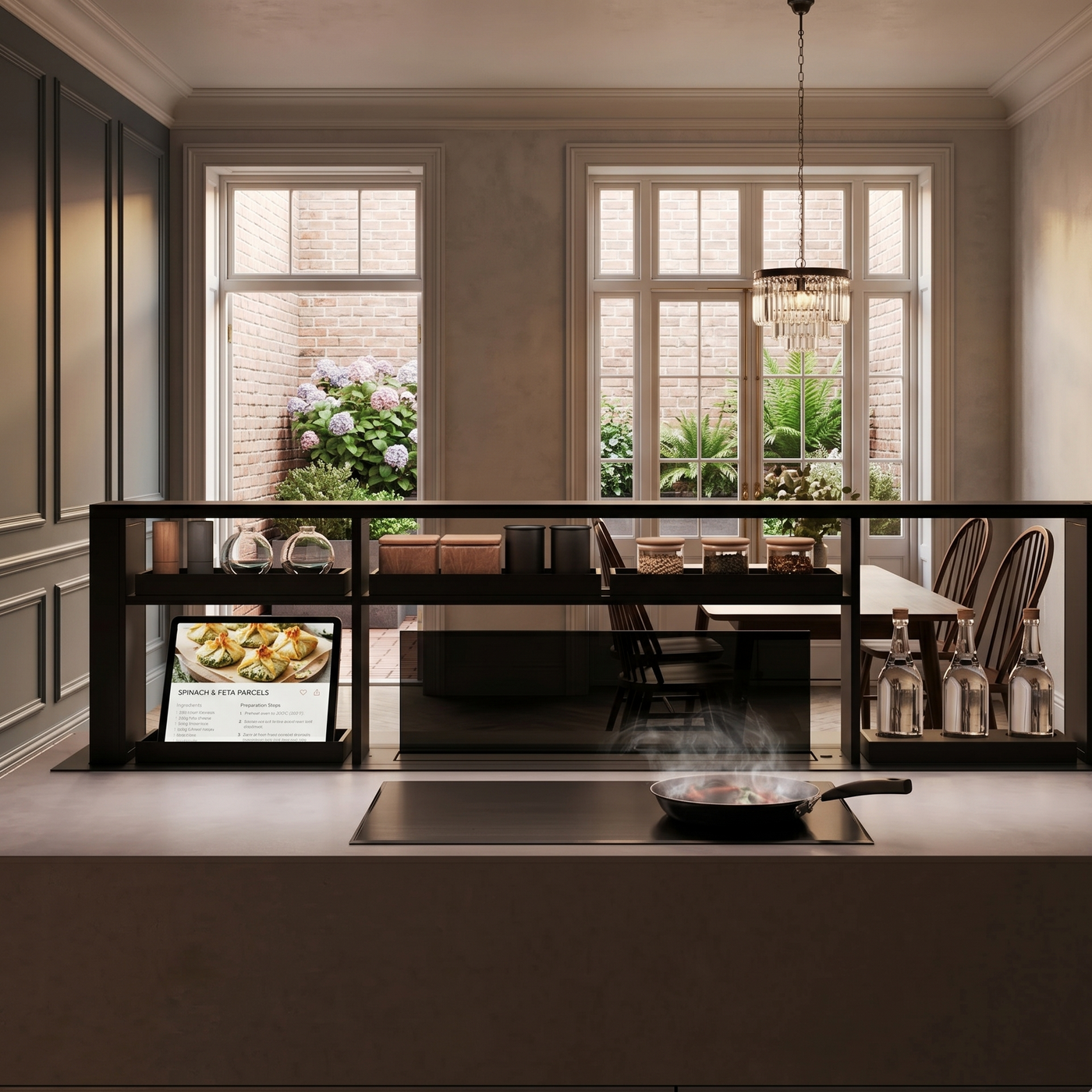 Modern period townhouse kitchen featuring a 200cm integrated downdraft cooker hood with a gourmet station and built-in iPad holder on a minimalist island.