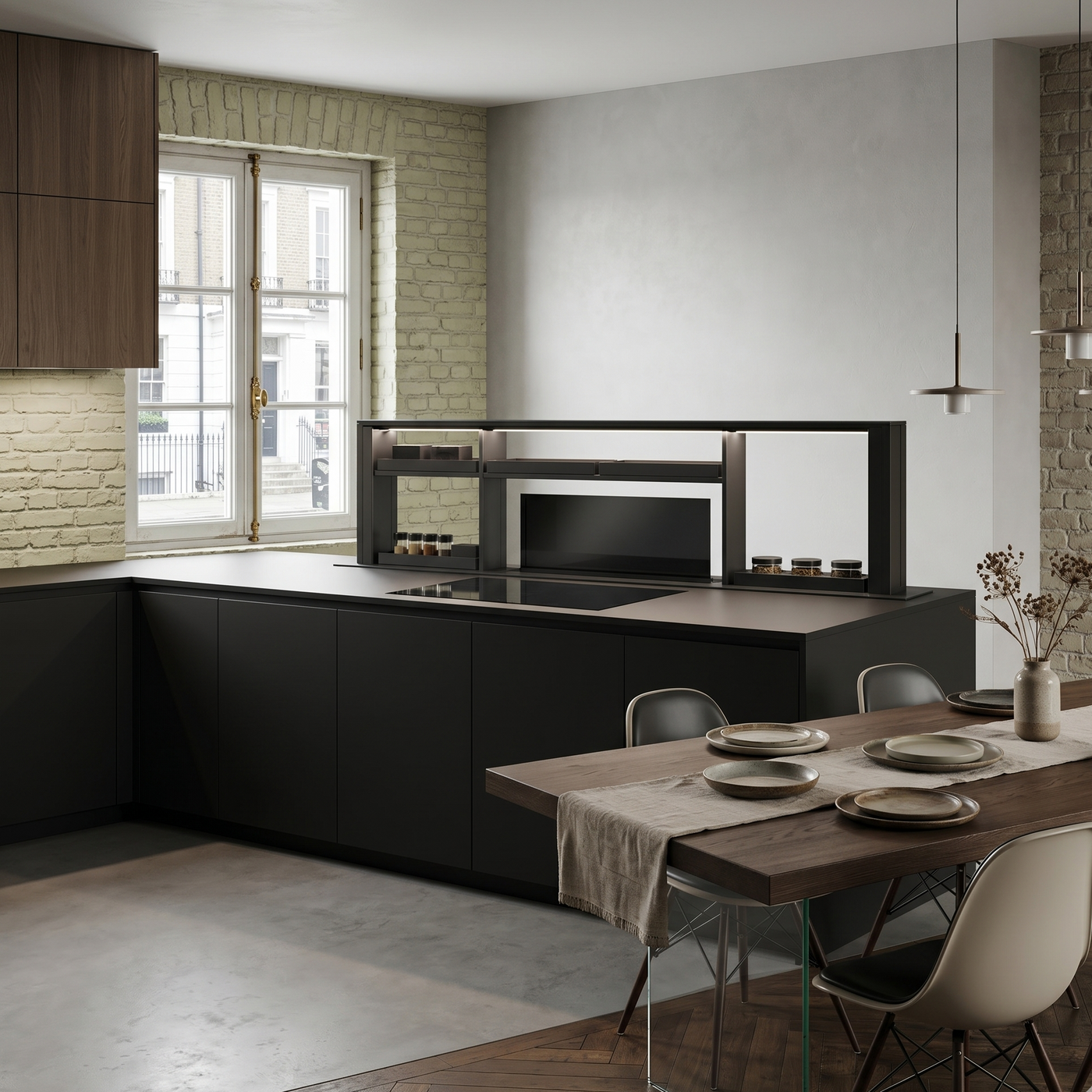 200cm Downdraft Gourmet Station by Luxair. This is a highly specialized, luxury architectural unit that differs from standard downdrafts because it combines heavy-duty extraction with a multi-functional shelving system.