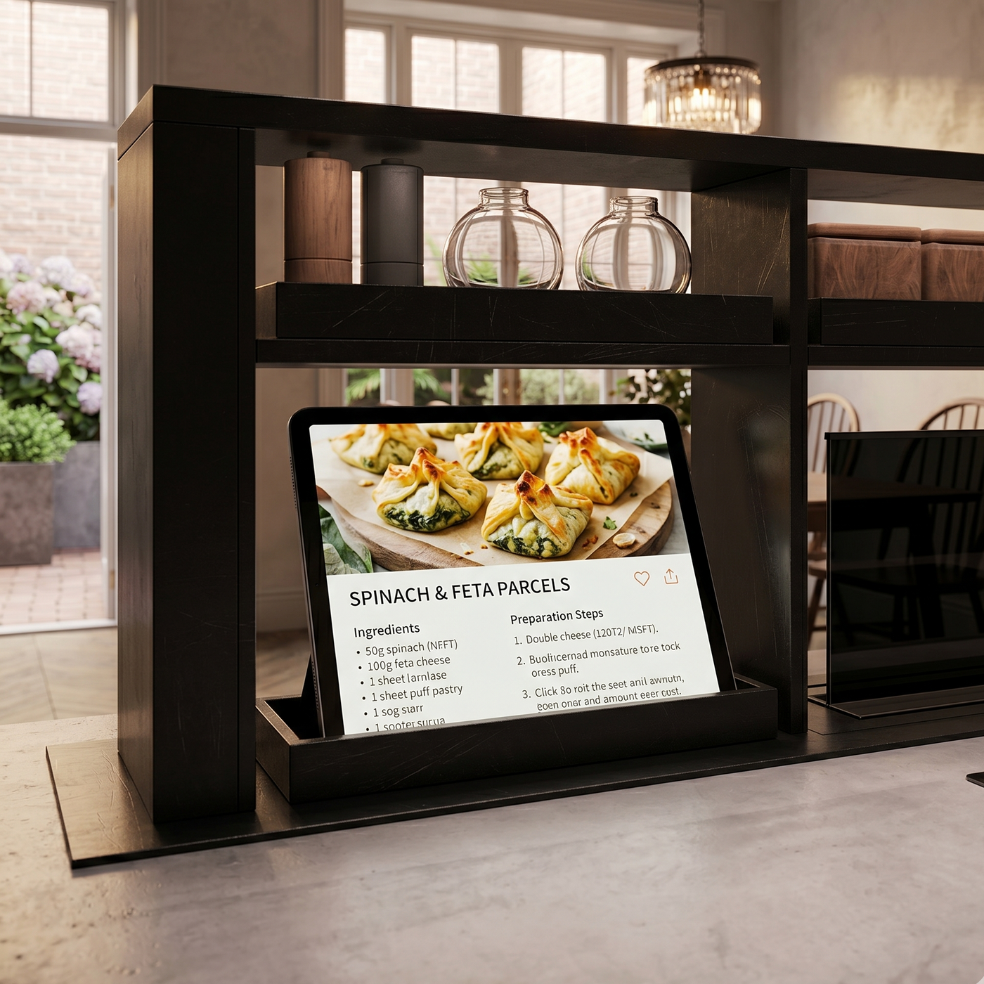 Integrated charging dock on a Luxair 200cm Gourmet Station featuring dual UK plug sockets and a dedicated tablet holder for hands-free recipe following in a modern kitchen.