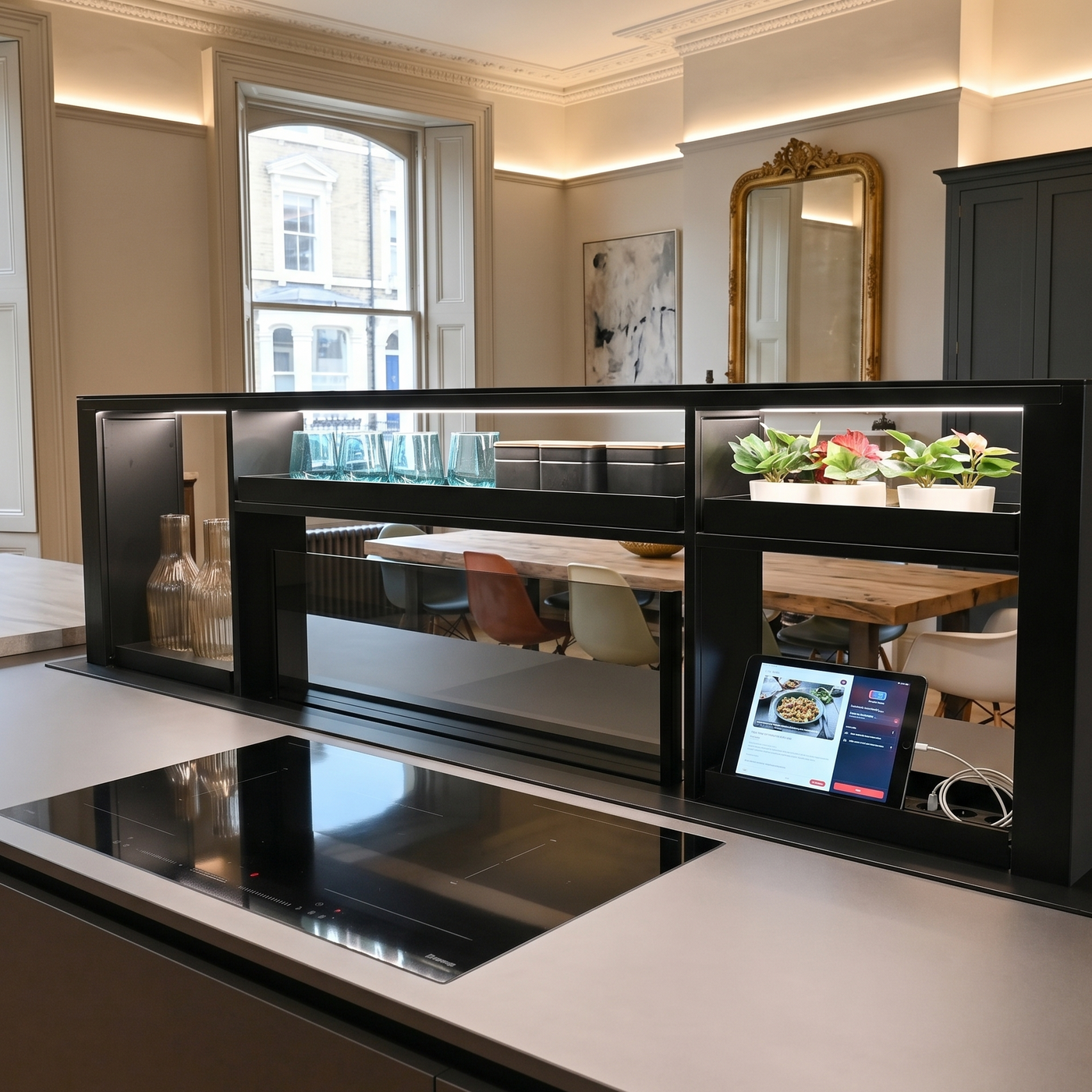 Luxair 200cm Downdraft Gourmet Station in a period townhouse kitchen featuring an integrated tablet charging dock with x2 UK plug sockets and LED task lighting