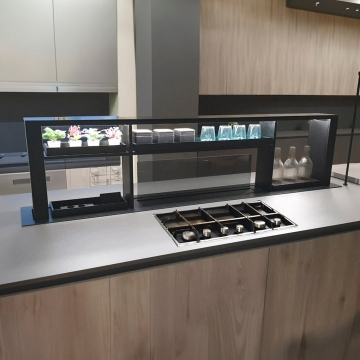 Luxury 200cm Downdraft Cooker Hood With Gourmet Station And Charging Bank Installed Within a Large Modern Kitchen With Gas Hob