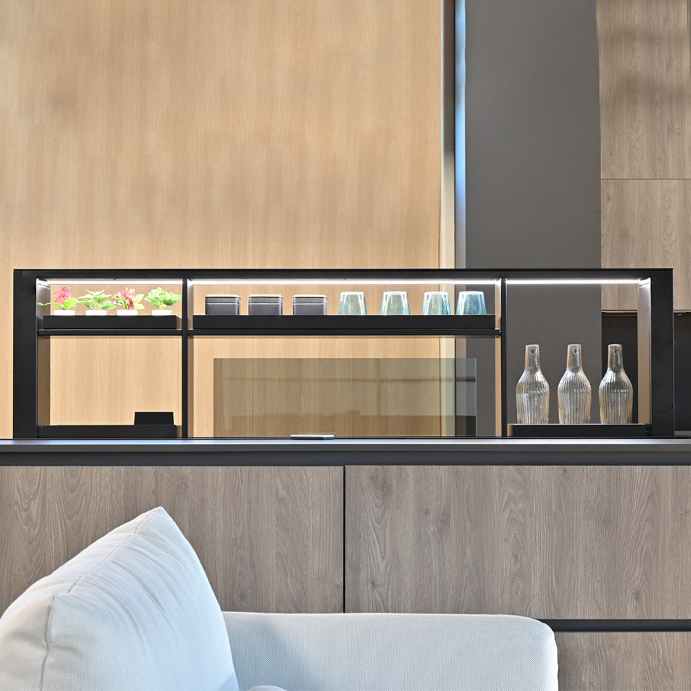Luxury 200cm Downdraft Cooker Hood With Gourmet Station And Charging Bank Installed Within a Large Modern Kitchen Diner With Gas Hob 