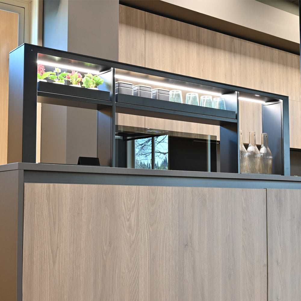 Luxury 200cm Downdraft Cooker Hood With Gourmet Station And Charging Bank Installed Within a Large Modern Kitchen With Gas Hob