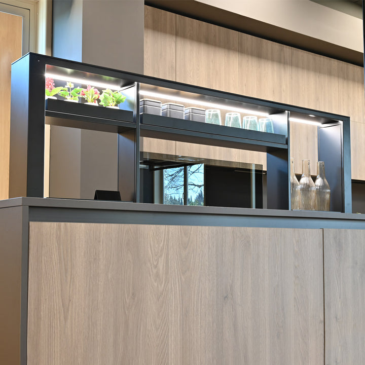 Luxury 200cm Downdraft Cooker Hood With Gourmet Station And Charging Bank Installed Within a Large Modern Kitchen With Gas Hob