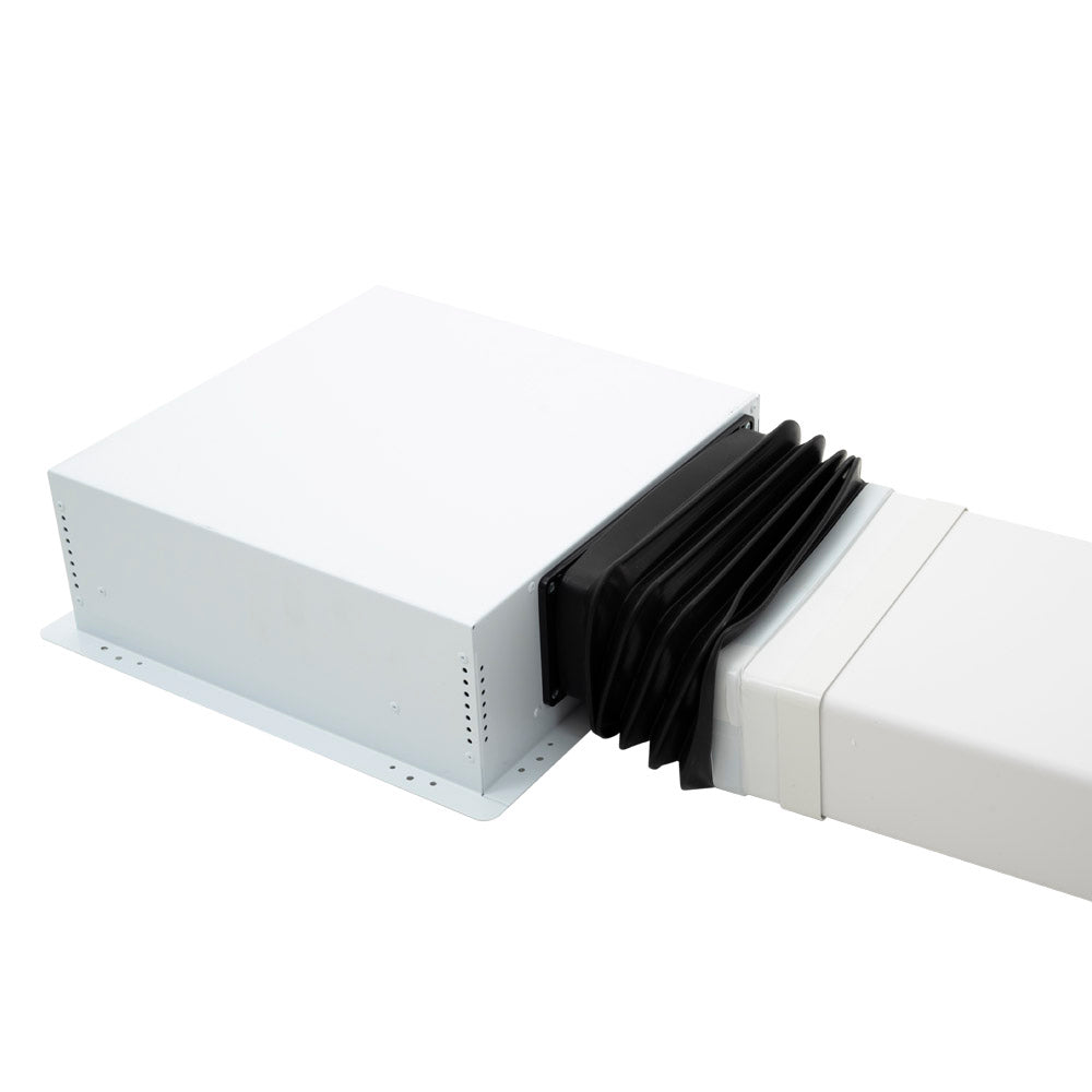  220mm x 90mm flat ducting rubber boot, designed for maximum flexibility and secure connections. This innovative fitting solves common issues where a standard 90° or 45° bend won’t work—perfect for navigating around pipes, beams, or cables in tight ceiling spaces.