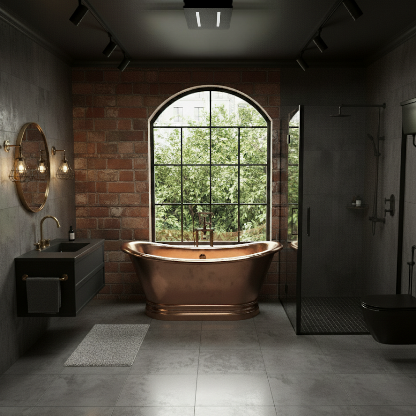 600mm black bathroom extractor fan installed in an industrial style bathroom with copper bath and black toilet, basin and shower.