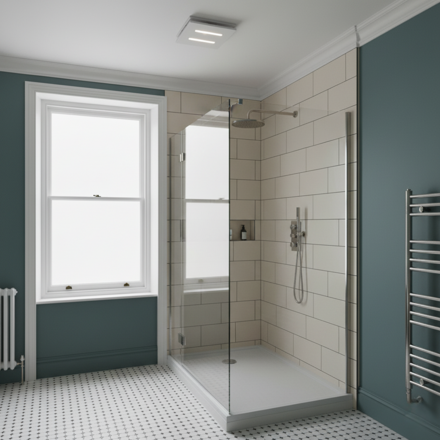 400mm stainless steel bathroom fan situated in a minimalistic bathroom with dark grey walls and white tiling.