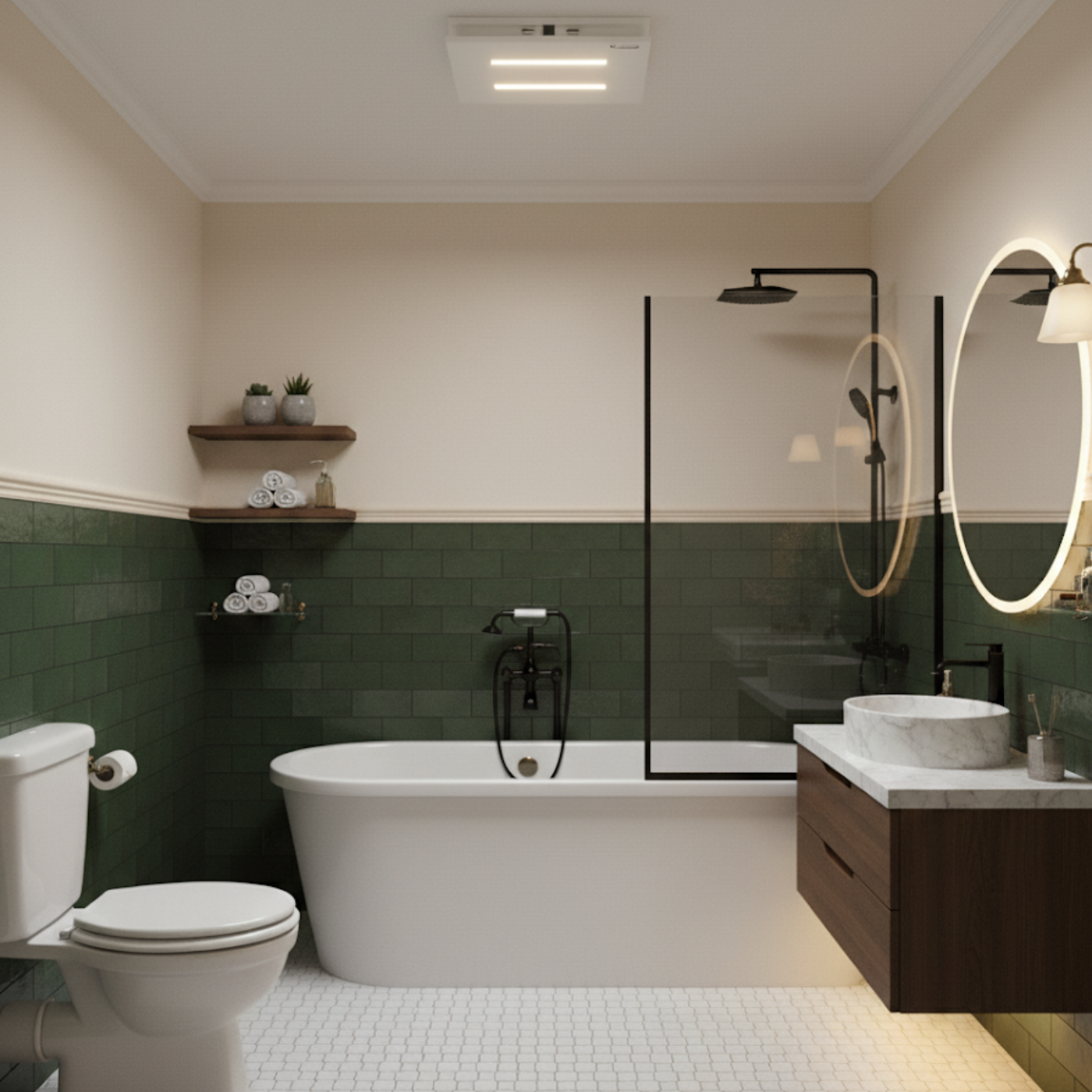400mm Bathroom Fan in white featured in a green and white bathroom with wooden elements and black accessories, situated in the centre of the bathroom