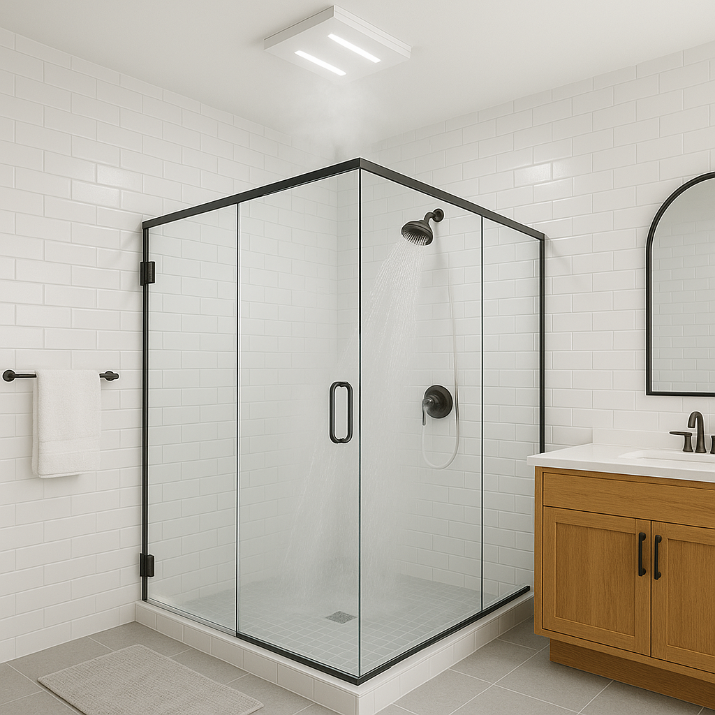 400mm Bathroom Fan in white installed above a shower within a modern black and white bathroom with wooden vanity unit.