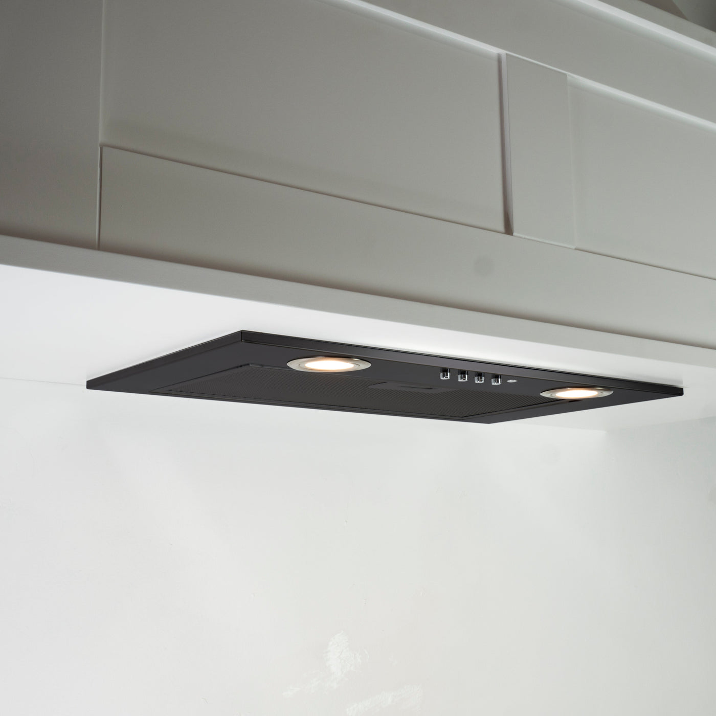 Canopy Cooker Hood Black under white cabinetry