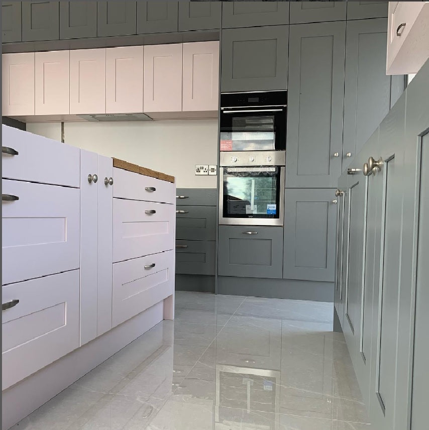 54cm canopy cooker hood, wide shot angle under dusty pink cabinetry