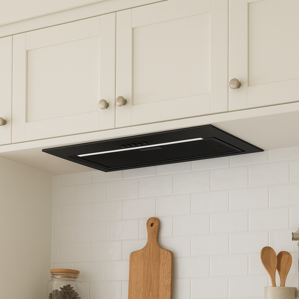 55cm Black Integrated Canopy Cooker Hood built into white shaker kitchen cabinets with LED lighting and mesh grease filter.
