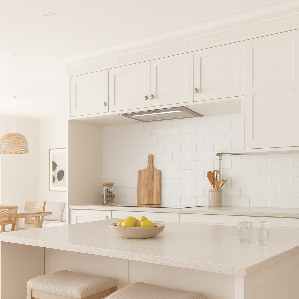 55cm Stainless Steel Canopy Hood integrated into white shaker kitchen cabinets with white subway tile backsplash and marble island