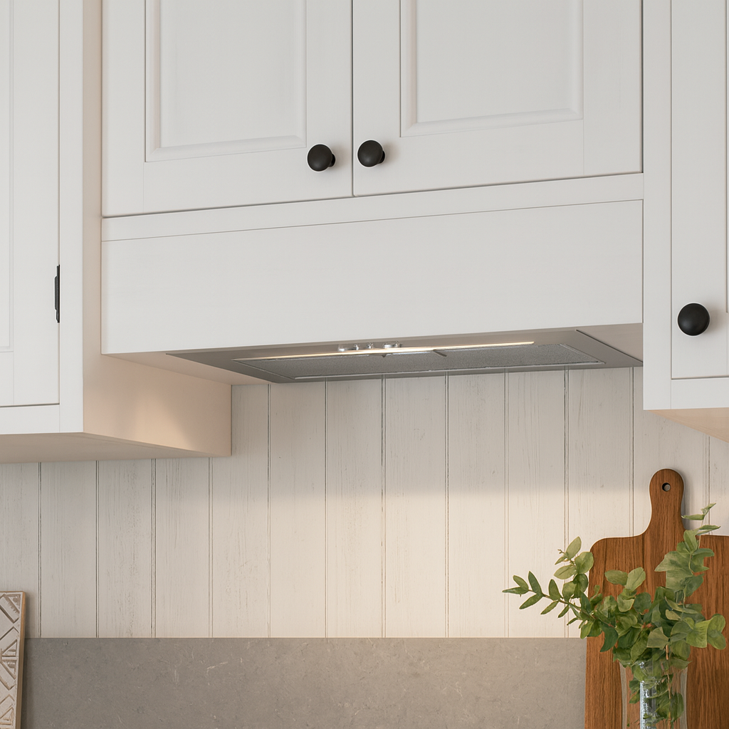 Detail view of a 55cm stainless steel canopy hood integrated under a white mantle-style cabinet