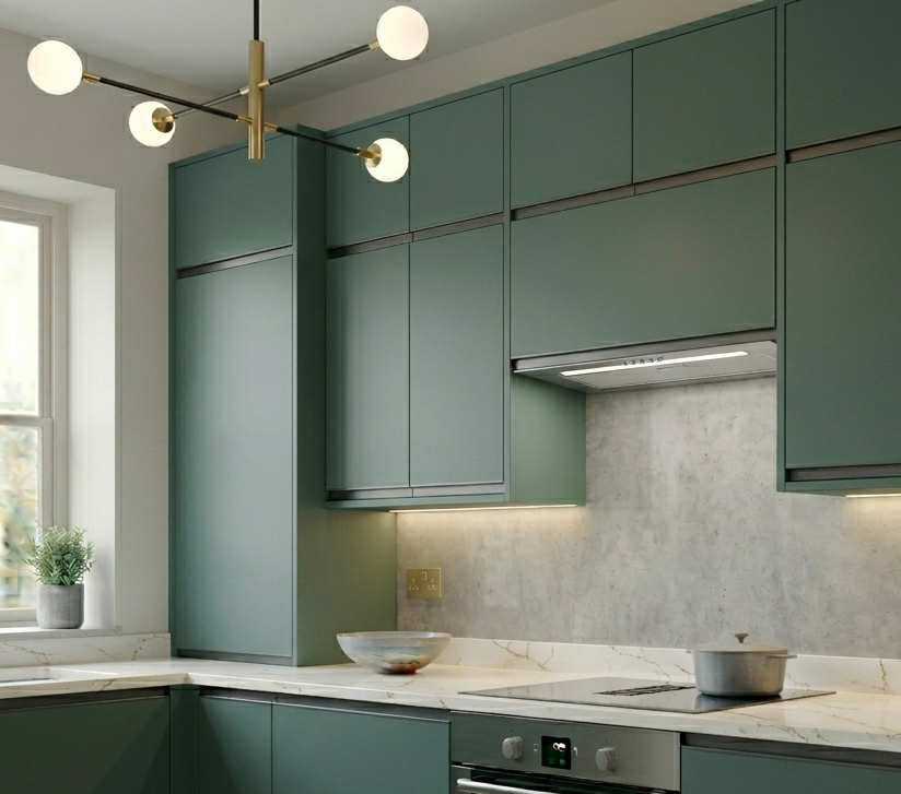 55cm Stainless Steel Integrated Canopy Hood built into modern forest green handleless kitchen cabinets