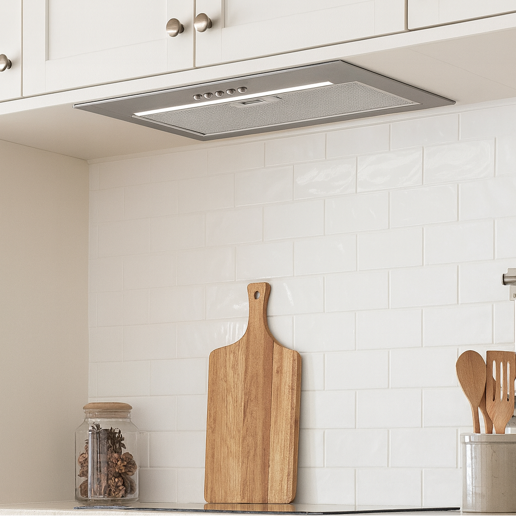 Flush-fit 55cm stainless steel canopy cooker hood installed under white shaker cabinets with white metro tiles and LED lighting.