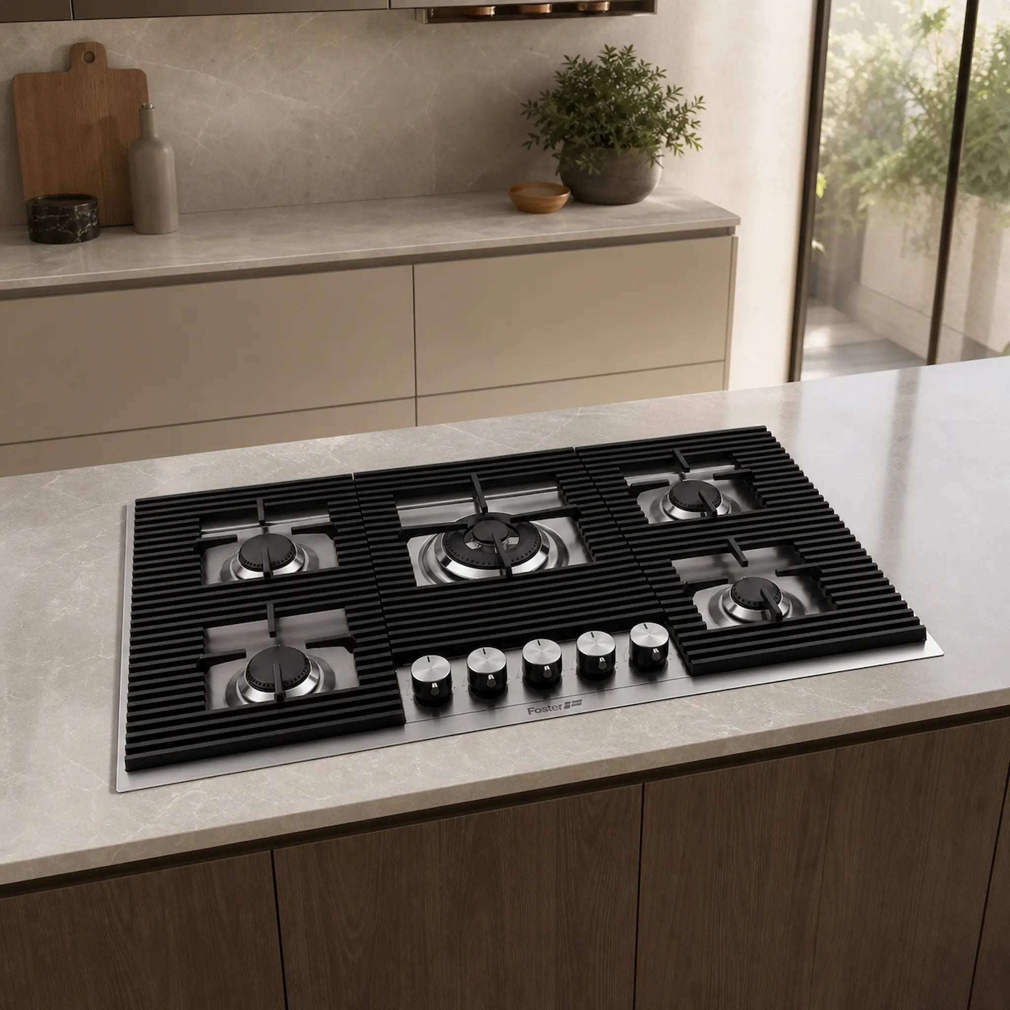 Luxury 5 burner gas hob with wok burner in middle stainless steel