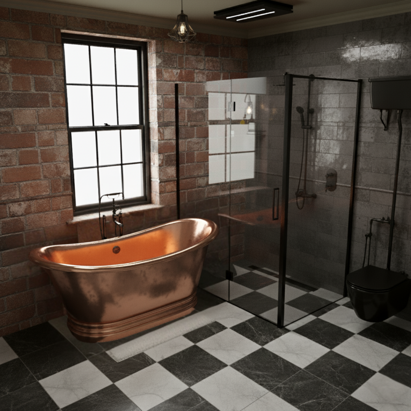 600mm black bathroom fan within a modern bathroom with a copper bathtub, chequered floor, and brick walls.
