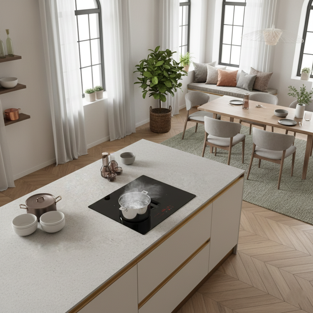 60cm Arcus vented extractor hob installed in a modern neutral kitchen