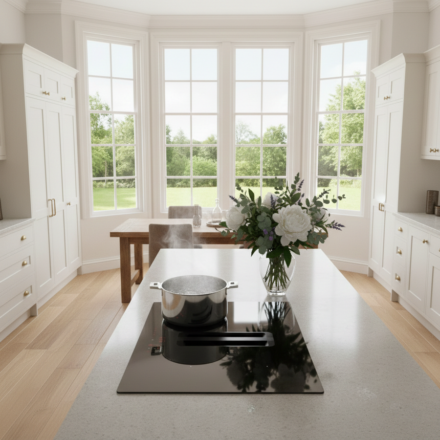 Arcus 60cm vented downdraft extractor hob installed within a minimalistic shaker style kitchen with open plan diner