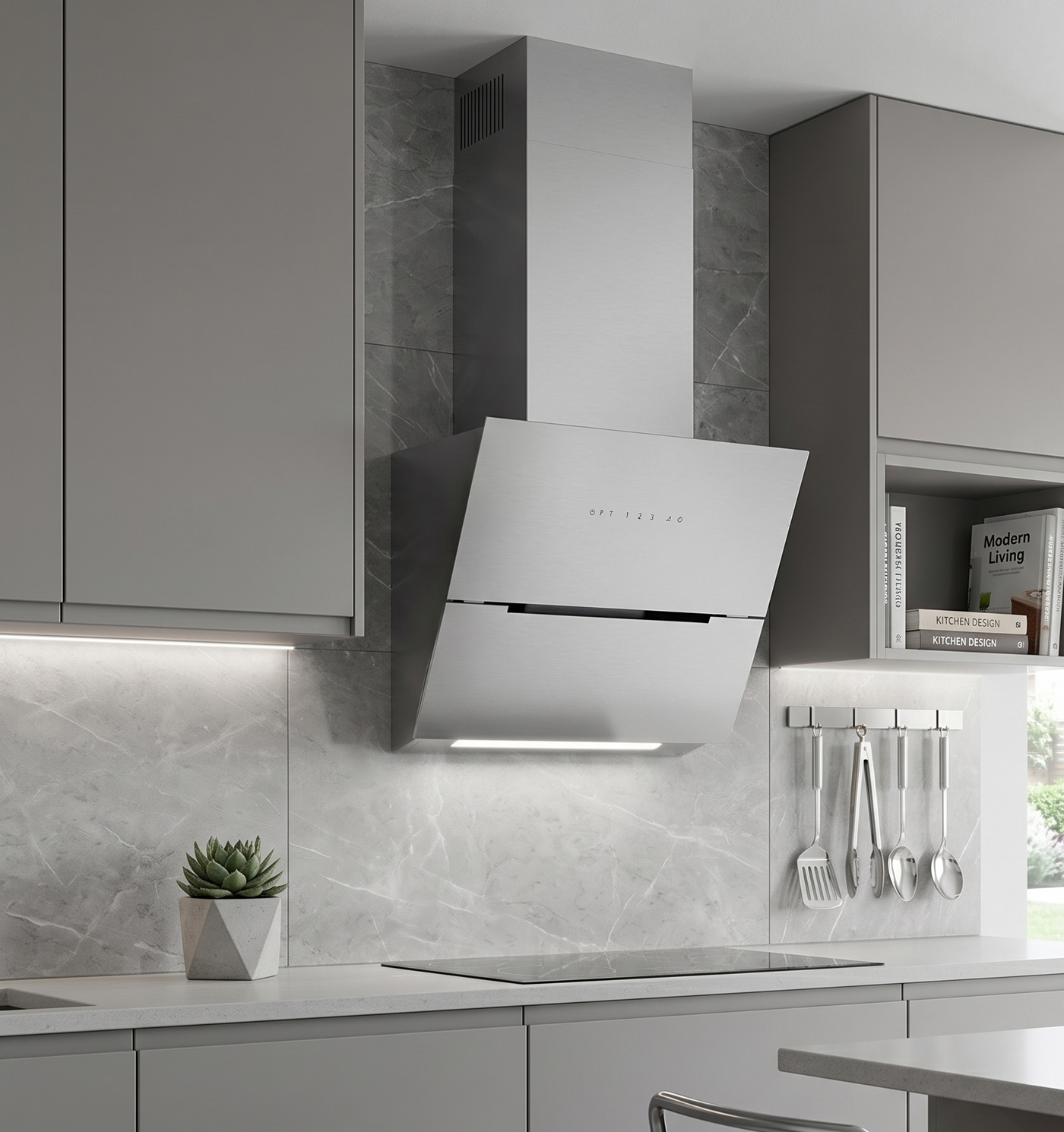 60cm Ascenti angled stainless steel wall mounted cooker hood installed in a modern grey kitchen