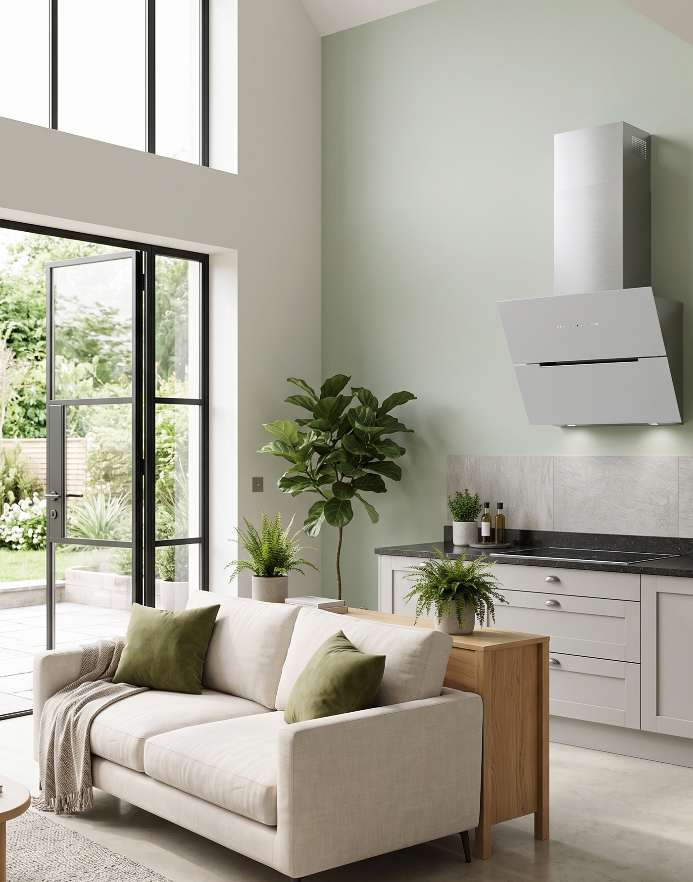 60cm Ascenti angled wall mounted stainless steel extractor installed in an open plan neutral kitchen diner