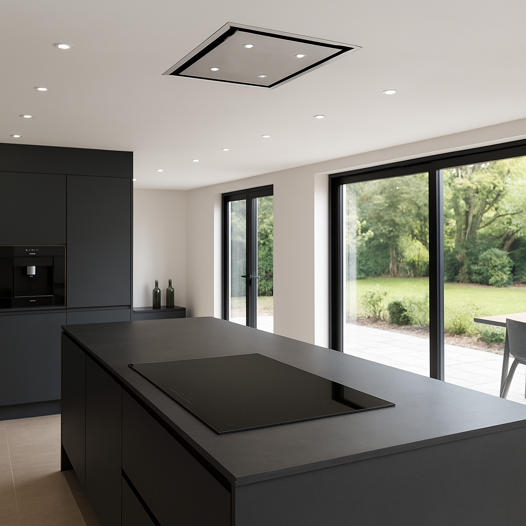 60cm x 60cm Anzi Cooker Hood Stainless Steel Installed In A Modern kitchen with black island and glass doors leading to a garden
