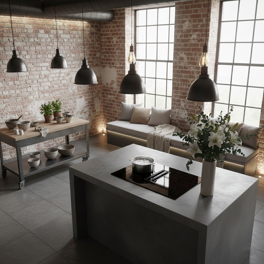 Arcus 75cm vented induction hob installed in a grey island with marble worktop, with feature pendant lighting above