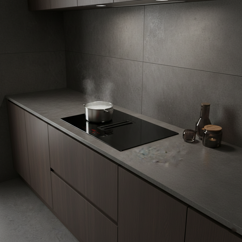 Vented downdraft induction hob 75cm installed within a dark, minimalistic kitchen